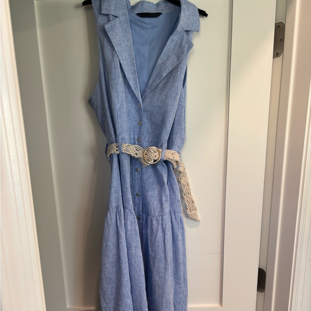 ZARA BLUE COLLARED LINEN BLEND SLEEVELESS MIDI SHIRT DRESS WITH BELT SIZE S